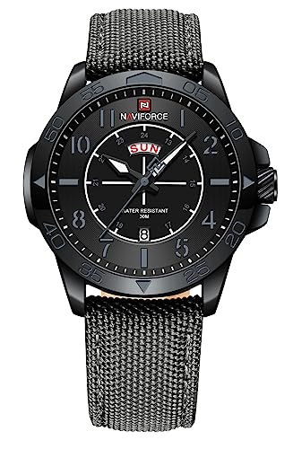 NAVIFORCE メンズスポーツウォッチ ナイロンストラップ付き:防水 ゴールドクォーツ ビッグフェイス 日付時計 - アウトドア活動に最適, グレー, クラシック